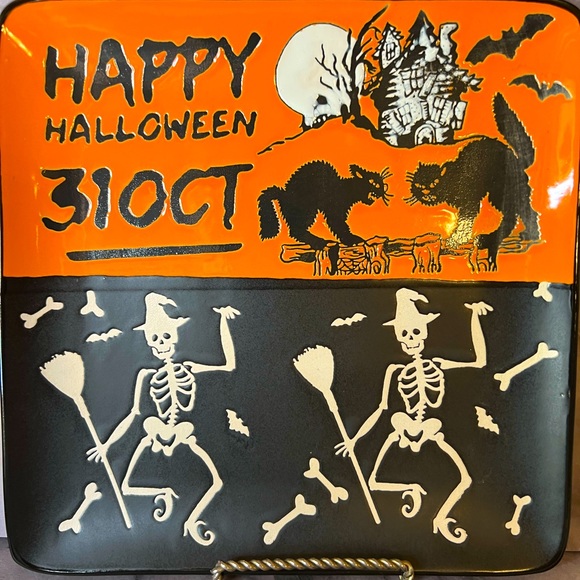 Happy Halloween Square Salad Plate Dancing Witch Skeletons Cats Oct 31 Bones - Picture 1 of 8